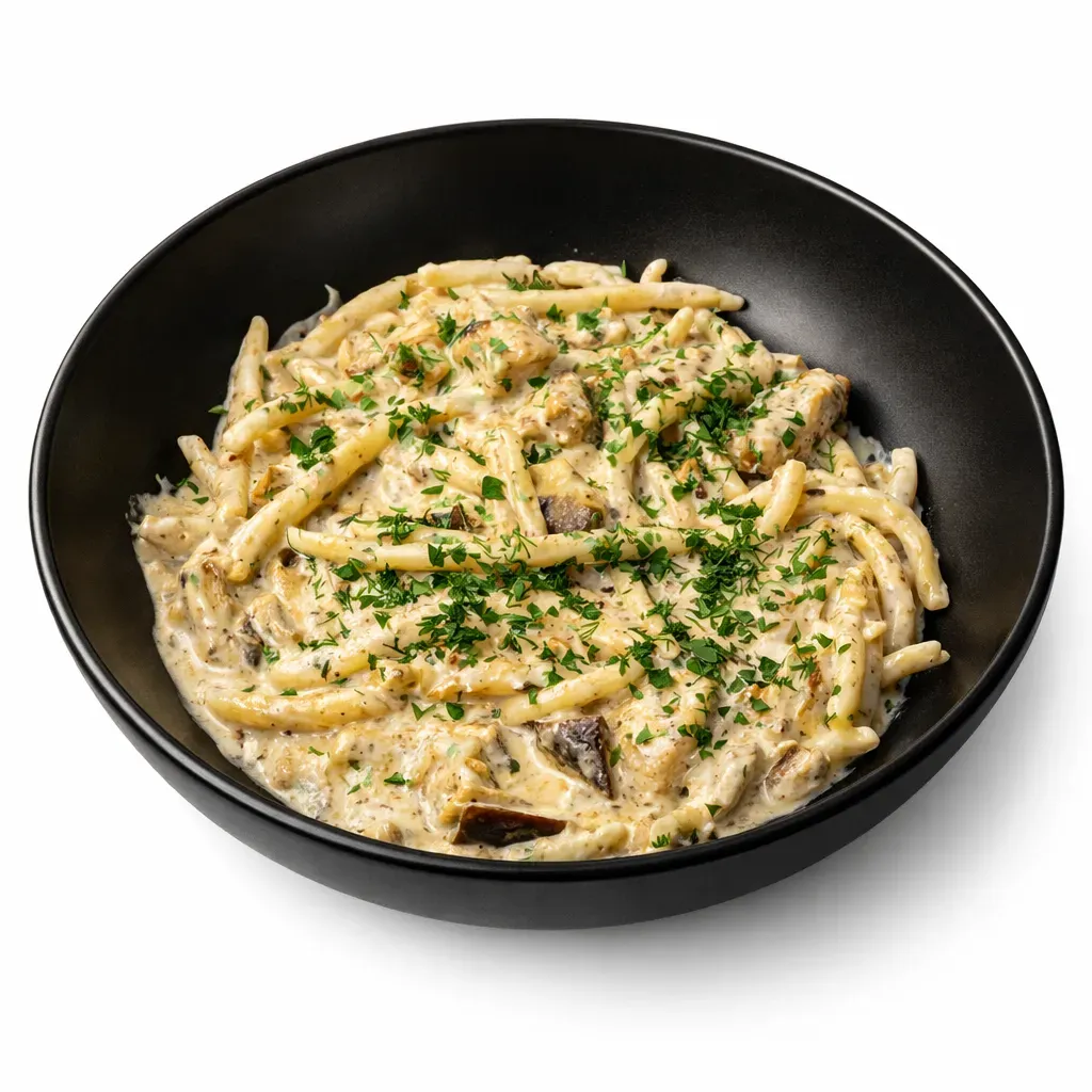 A rich and creamy Istrian pasta dish featuring tender chicken, forest mushrooms, and an earthy truffle sauce, finished with Grana Padano cheese.