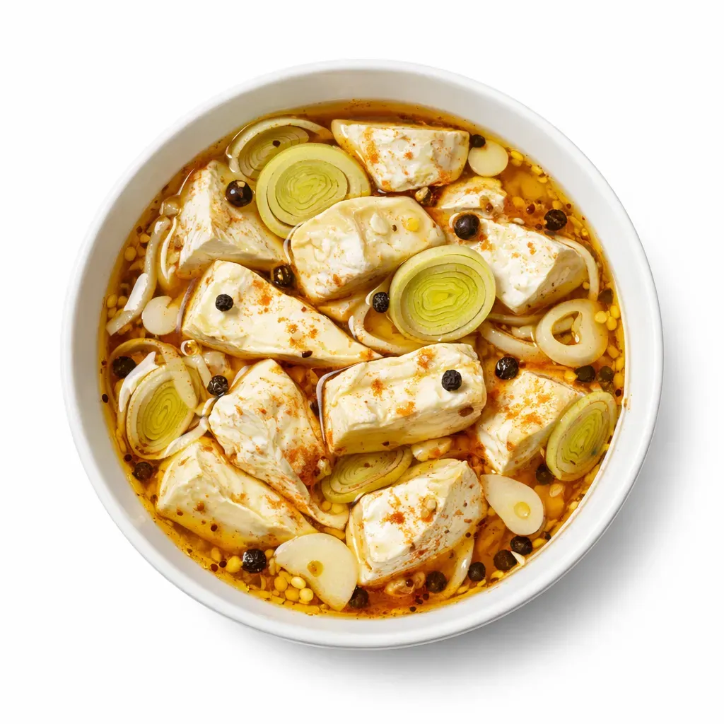 Experience the delightful tanginess of this cherished appetizer from Czech and Slovak cuisines, featuring pickled Hermelín-style cheese layered with onions, garlic, and spices, perfect for sharing or solo indulgence.