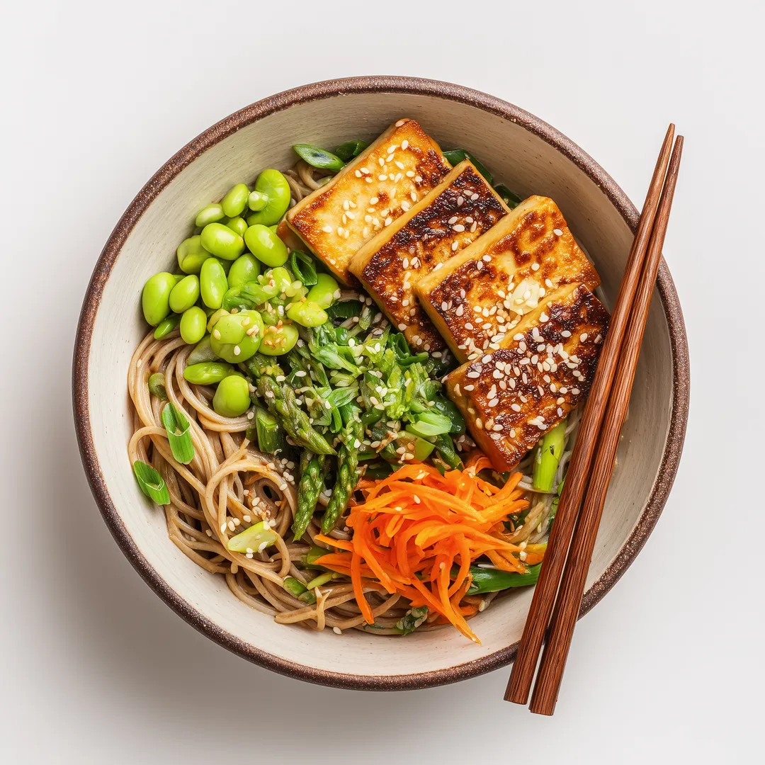 A savory plant-based dish featuring soba noodles topped with a creamy miso sesame sauce, crispy tofu, and vibrant vegetables.