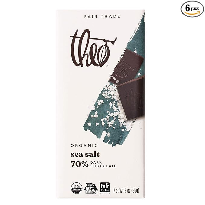 The Theo Chocolate Sea Salt Organic Dark Chocolate Bar is a 70% cacao dark chocolate bar that comes in a 6-pack. It is made with high-quality organic ingredients and contains a touch of sea salt for added flavor. The chocolate bar is vegan and certified fair trade, meaning it is ethically sourced and produced.