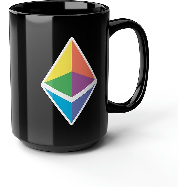 This 15-ounce black ceramic coffee mug features the Ethereum logo, making it a perfect gift for crypto traders and enthusiasts. The sleek design and high-quality ceramic material ensure durability and long-lasting use. The mug is perfect for enjoying your favorite hot beverages while showing off your love for Ethereum and cryptocurrency.