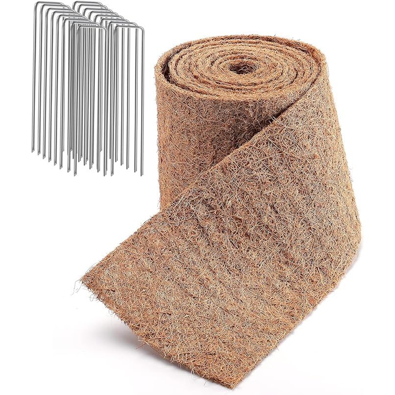 Natural Mulch Roll for Landscaping- 120" x 6.3" Coconut Fiber Mulch Mat with 16 U-Shaped Steel Stakes, Thick Mulch Border Edging Garden Weed Barrier for Plants, Flowers, Lawns, Vegetables image