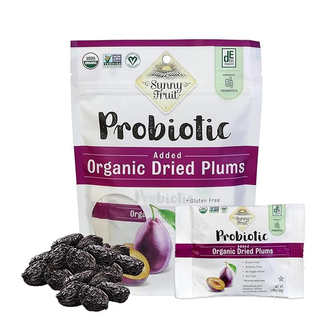 Sunny Fruit Organic Probiotic Prunes come in a convenient bag containing 5 individual portion packs, making it easy to take on-the-go for a healthy snack. These dried plums are packed with live probiotics, which are beneficial bacteria that promote gut health and digestion.