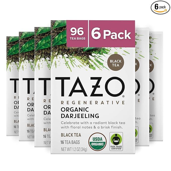 TAZO Regenerative Organic Darjeeling Tea Bags come in a pack of 6 boxes, each containing 16 tea bags. Darjeeling tea is known for its delicate flavor and floral aroma, making it a popular choice for tea enthusiasts.