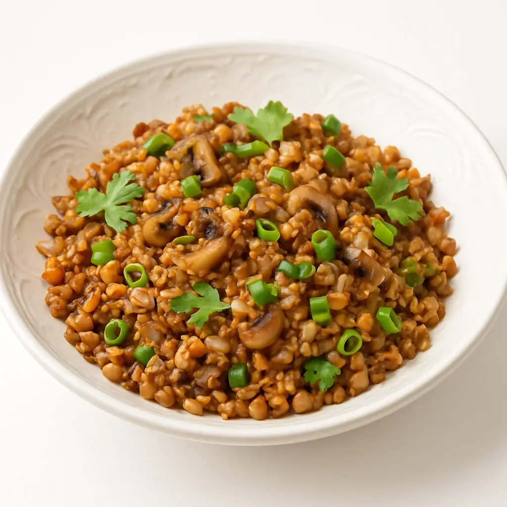 A wholesome, protein-rich dish combining earthy buckwheat with savory mushrooms and sweet carrots, perfect as a hearty side or standalone vegetarian meal.
