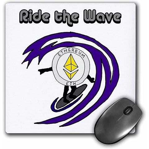 The 3dRose Funny Cool Ethereum Ether Surfer Dude Cryptocurrency Ride The Waves Mouse Pad is a distinctive and visually appealing accessory for your desk. It features a vibrant design of a surfer riding the waves and holding an Ethereum coin, adding a playful and unique touch to your workspace.
Measuring 9.25 x 7.