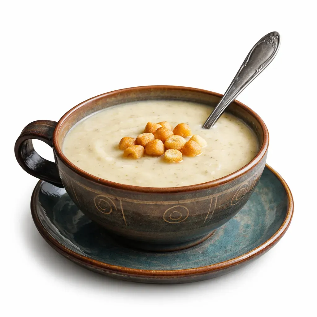 A rich and velvety soup infused with the earthy flavors of celeriac and mushrooms, perfect for an appetizer or light meal, enhanced with thyme and lemon.