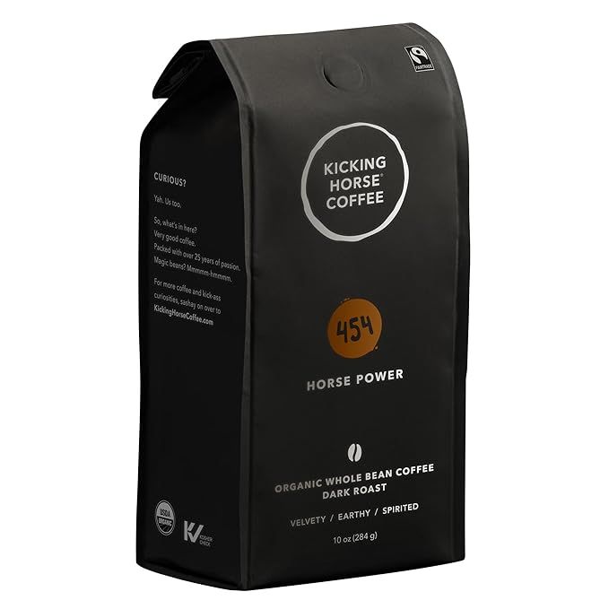 Kicking Horse Coffee is a well-known brand that offers a range of gourmet coffee options. This particular product is their Dark Roast Whole Bean variety, which comes in a 10 oz bag.