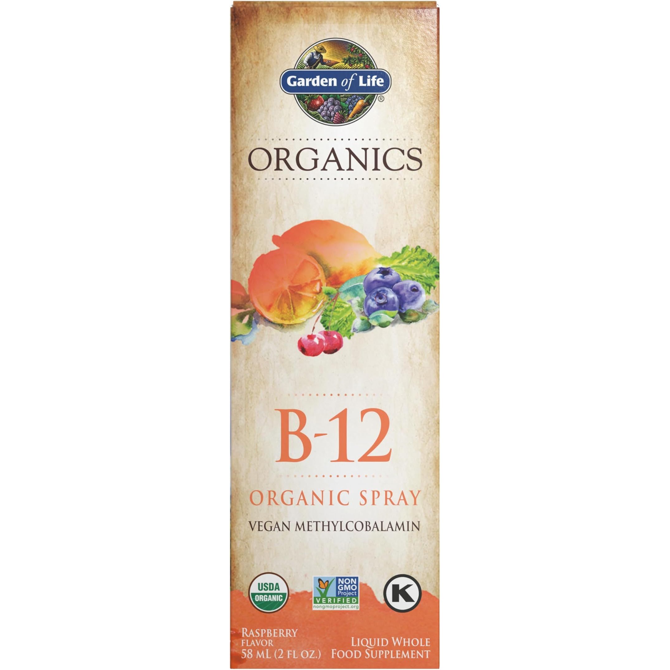 Garden of Life Organics B12 Vitamin is a whole food supplement that provides essential Vitamin B-12 to support metabolism and energy levels. This liquid formula is raspberry-flavored and comes in a convenient 2oz bottle for easy consumption.