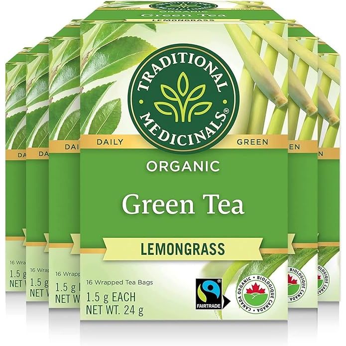 Traditional Medicinals Organic Green Tea Lemongrass is a pack of 6 boxes, each containing 16 tea bags, for a total of 96 tea bags. The green tea used in this blend is organically grown, ensuring that no harmful pesticides or chemicals are used in the production.