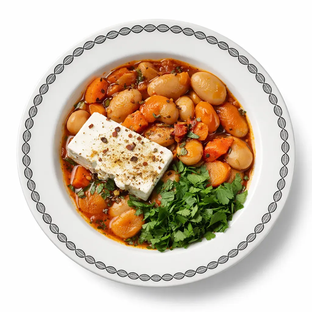 A classic Greek dish featuring large white beans baked in a rich tomato sauce with fresh vegetables and herbs.