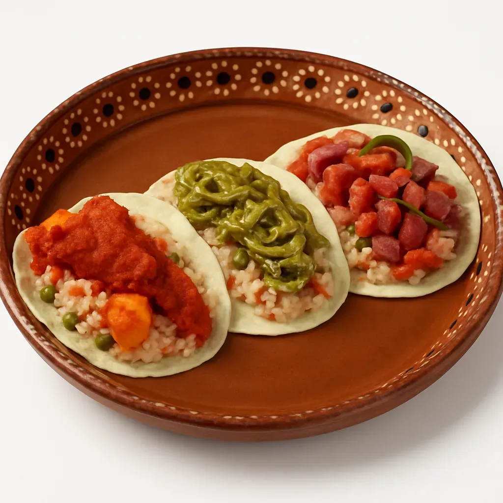 Embark on a culinary journey through the vibrant streets of Mexico with these delicious taco fillings: Chicharrón in Red Salsa, Chicken in Green Mole, and Sausage with Smoked Pork Chop.