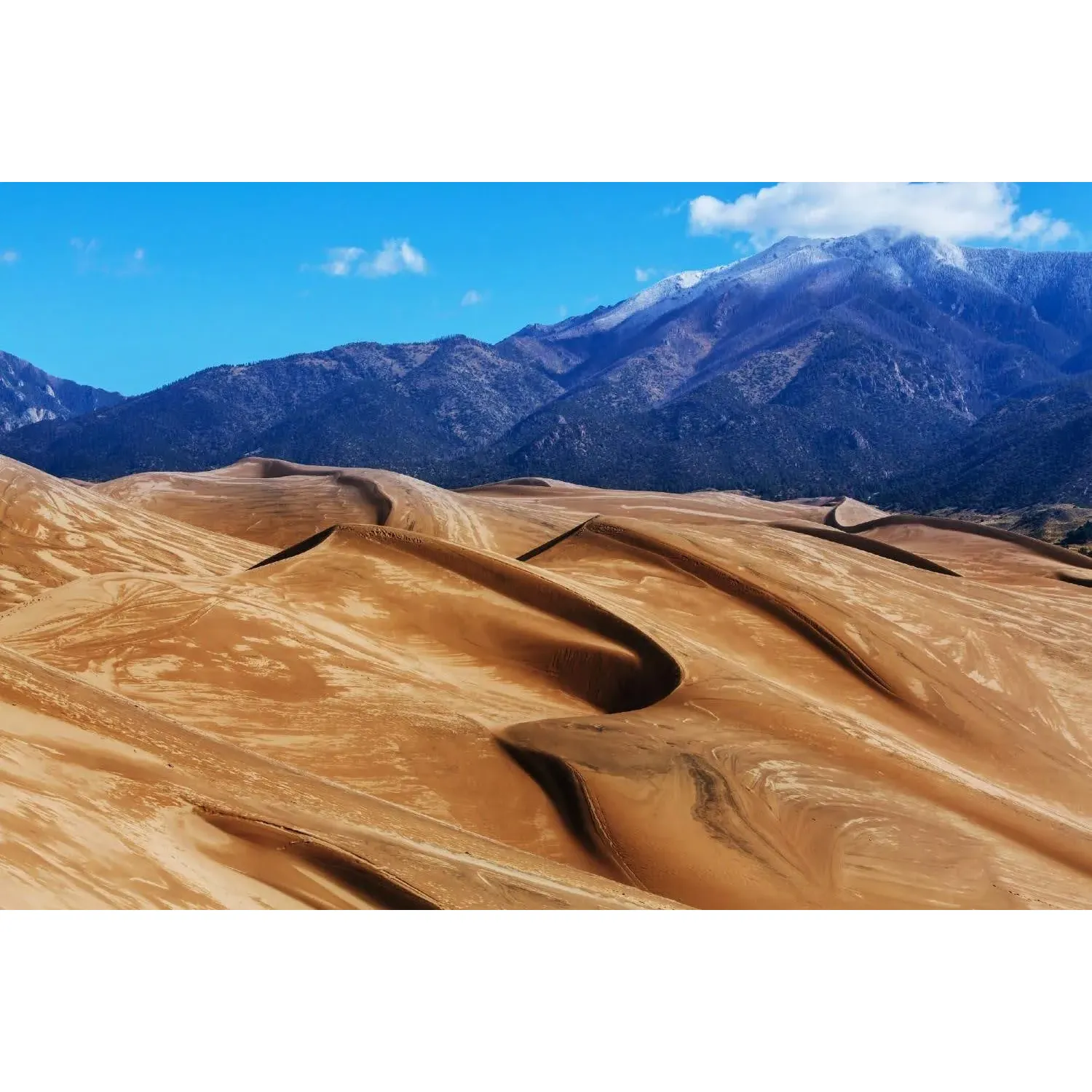 Great Sand Dunes National Park and Preserve offers a captivating tableau of nature's wonders, providing visitors with an exhilarating mix of aquatic and desert experiences. From cool streams that welcome wading and provide reprieve from the sun to the majestic dunes that beckon the bold to climb and conquer, this park is truly a playground for the nature enthusiast.

Embark on the fulfilling journey to the apex of these towering peaks of sand, where the efforts of your ascent are richly rewarded with mesmerizing views stretching into the horizon. Whether you prefer a peaceful hike or the adrenaline rush of sandboarding and sledding down the slopes, there's no shortage of ways to engage with the landscape.

Families and friends, often drawn to the soothing sounds and waters of the park's creeks, find this a perfect spot for daytime recreation and picnicking. Though the park can draw a crowd, the expansive nature of the dunes ensures that there's space for everyone to carve out their own patch of paradise. With the warmth of the sun above and the coolness of water at your feet, Great Sand Dunes National Park is an idyllic location for making lasting memories.

For a truly magical encounter, time your visit to coincide with the sunset, when the dunes transform under a ballet of shifting colors and shadows. It's an unforgettable spectacle and a photographer's dream. While the winds may sometimes rise, they only add to the park's dynamic character, reminding visitors of the ever-changing beauty of this natural sanctuary.

Throughout the year, the park welcomes its guests with varying gifts of nature. Springtime visitors may witness the transformation of the dune field with a seasonal creek that is both a picturesque and refreshing addition for early arrivals, especially as midday warmth envelopes the land.

Come prepared with sensible footwear, as the radiant sands defy the simplicity of barefoot ventures, and flip-flops surrender to the dune's challenge. But fear not—for with the right gear, the sands promise endless exploration and a tranquil retreat within the San Luis Valley.

The Great Sand Dunes National Park and Preserve stands as an awe-inspiring testament to the majesty of nature—where each grain of sand, each ripple of water, crafts a unique story waiting to be a part of your adventure. It's a place not just to visit, but to immerse, engage, and renew your connection with the wild. Description by ChatGPT.