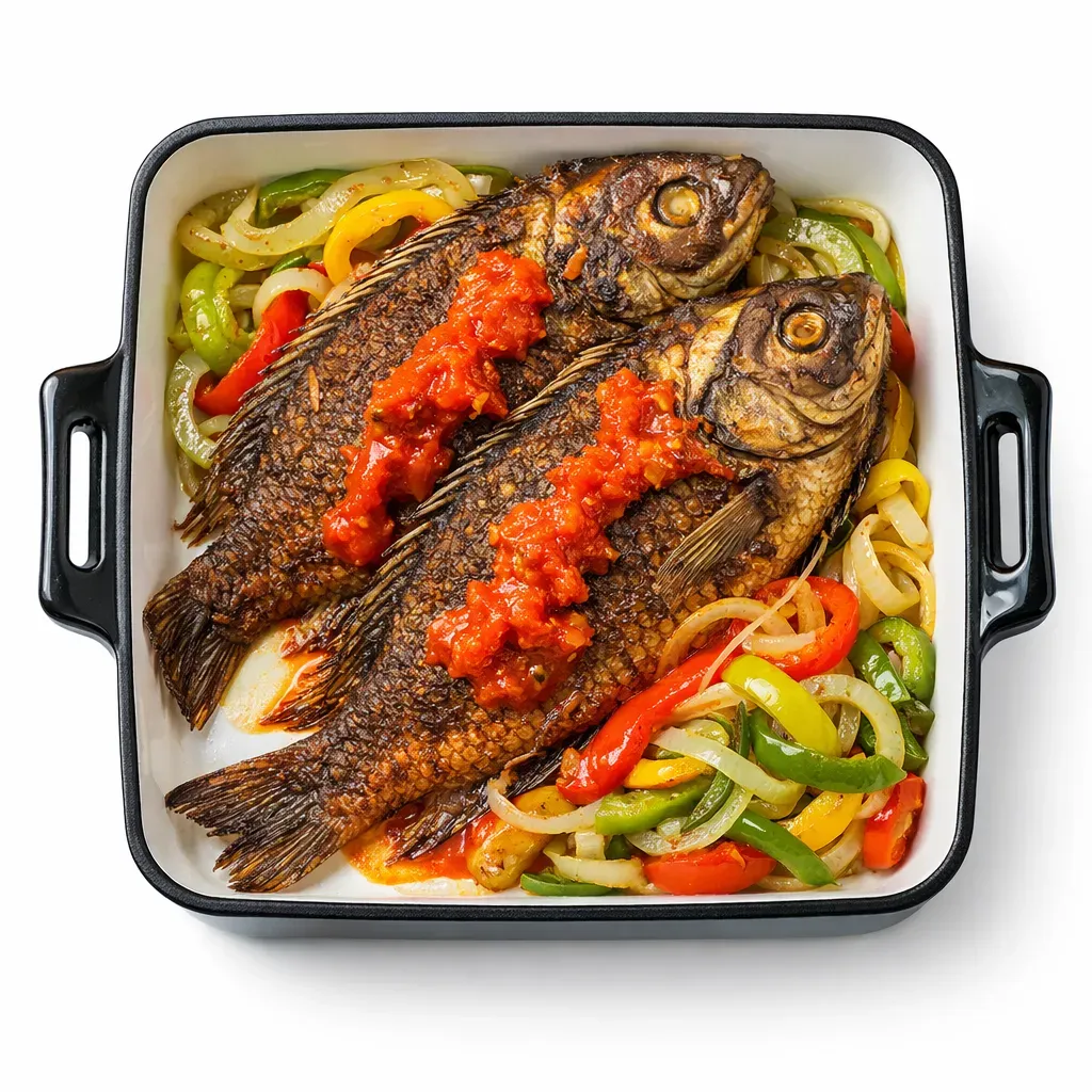 A vibrant and flavorful Ghanaian dish featuring crispy pan-fried whole tilapia, served with a savory bell pepper sauce and colorful stir-fried vegetables, perfect for any gathering.