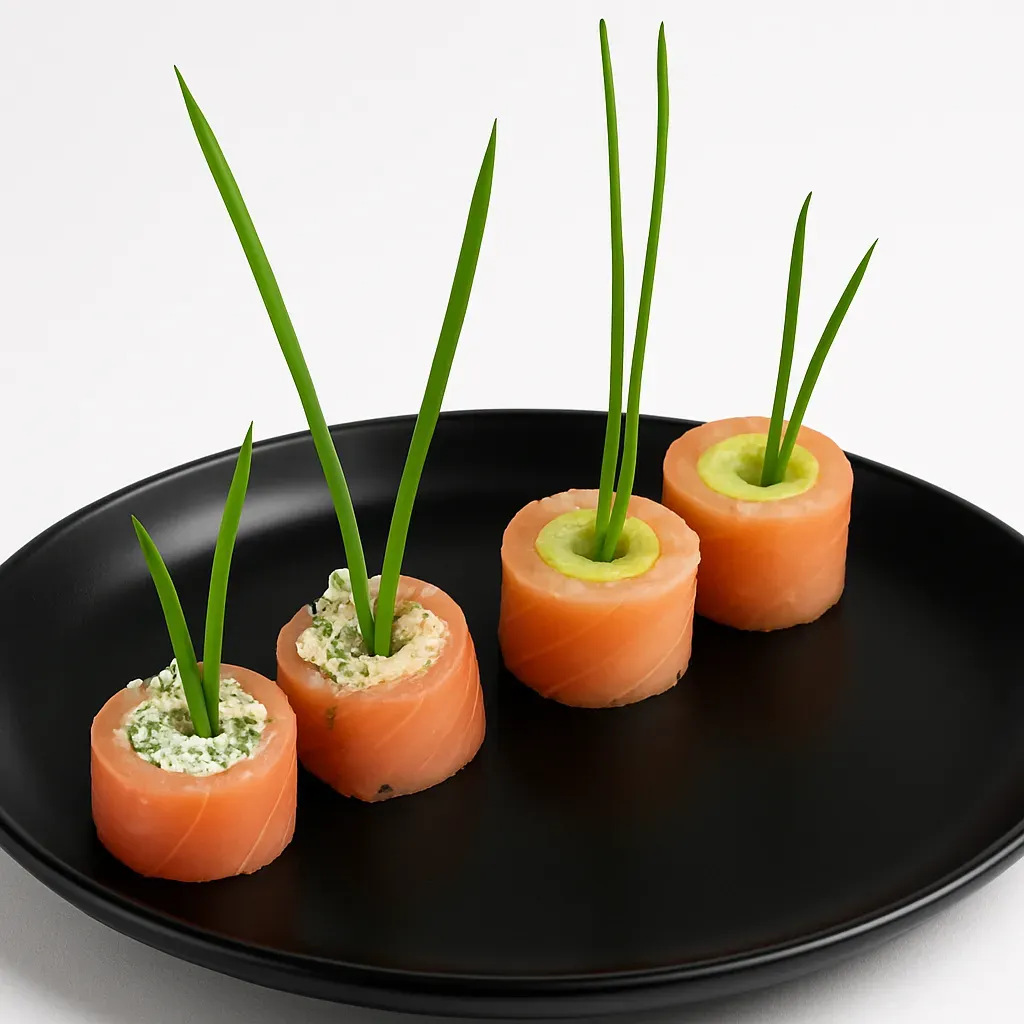 A gourmet appetizer featuring smoked trout fillets rolled with a cream cheese and bacon filling, as well as an avocado mash for a fresh twist.