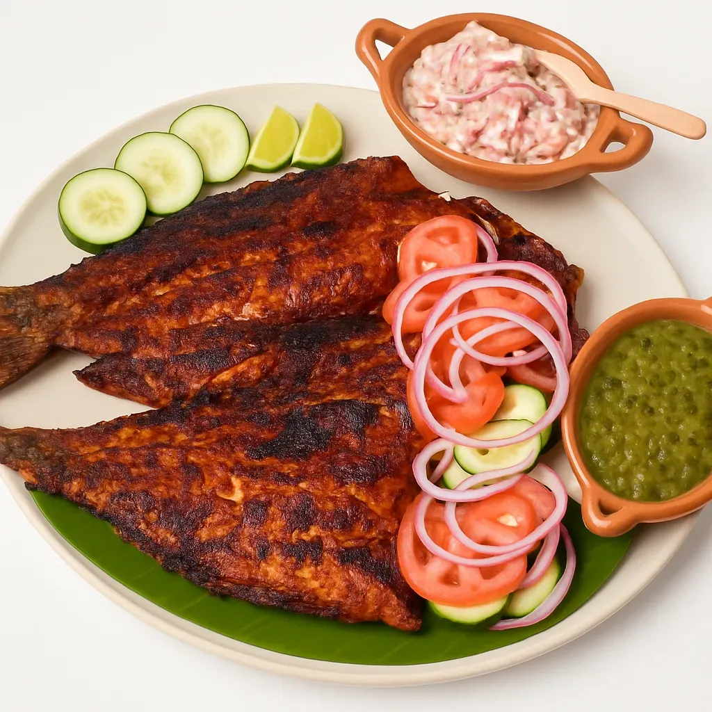 A vibrant, grilled whole fish marinated in a rich adobo sauce, perfect for summer cookouts and festive dinners, complemented by a refreshing salad.