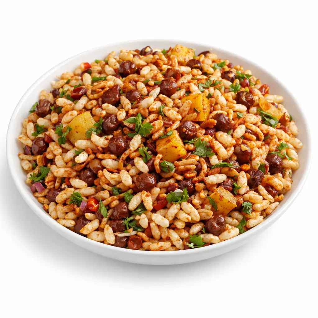 A vibrant and tangy street-style snack from Nepali cuisine, made with puffed rice, vegetables, and crushed instant noodles.