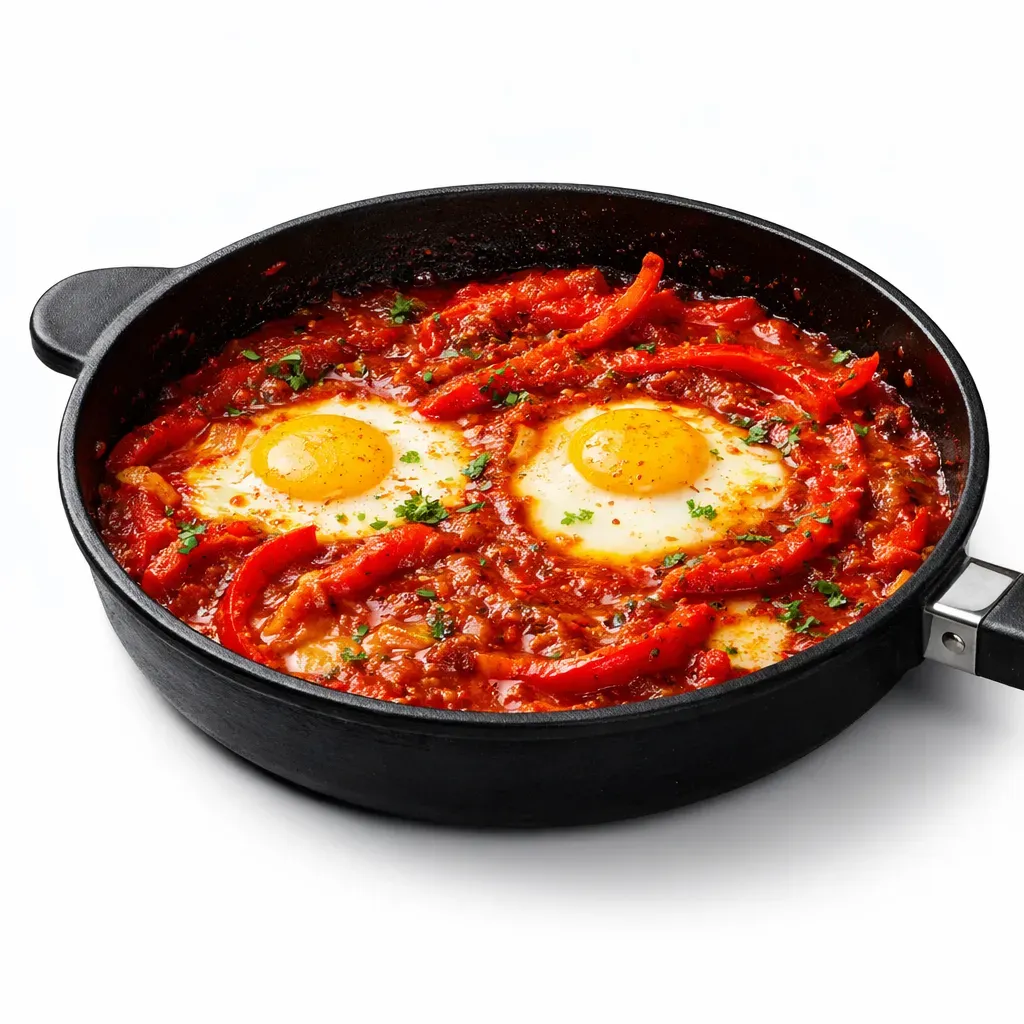A classic Middle Eastern dish where eggs are poached in a flavorful and aromatic tomato sauce, perfect for any meal.
