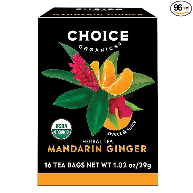 Choice Organics Organic Mandarin Ginger Tea is a delicious herbal tea blend made with premium organic ingredients. Each box contains 6 packs of tea, with a total of 96 tea bags. The tea is certified organic and free from artificial flavors, colors, and GMOs, making it a great choice for those looking for a natural and healthy beverage.