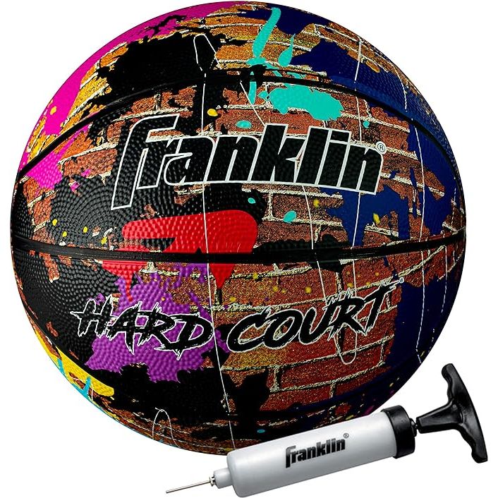 The Franklin Sports Hard Court Basketball is an official size basketball designed for both indoor and outdoor use on street courts. This 29.5" rubber basketball is durable and built to last through hours of play. It features a high-tack rubber cover that provides excellent grip and control for shooters and ball handlers.