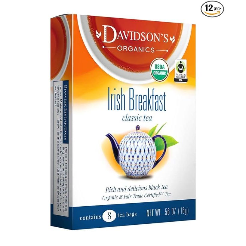 Davidson's Organics is a tea company that offers a variety of organic and sustainably sourced tea options. One popular choice is their Irish Breakfast tea, which comes in a convenient pack of 8-count tea bags, with 12 packs included in each purchase.