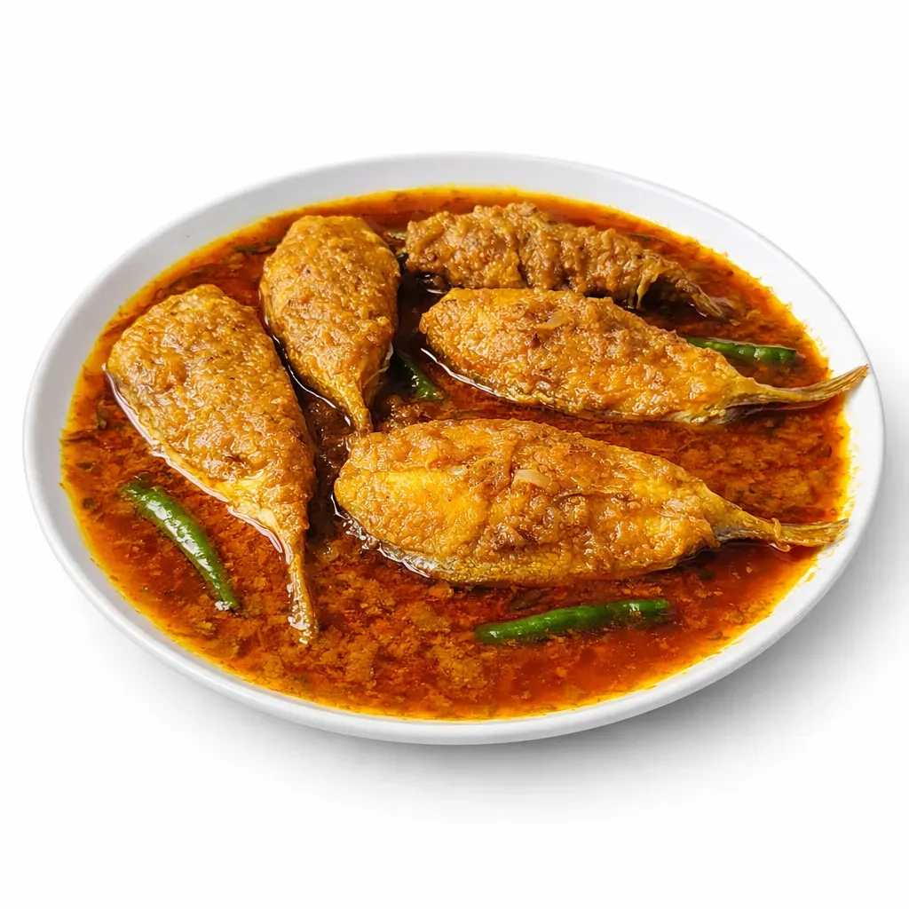 A traditional Bangladeshi curry characterized by its bold flavors, spiced fish, and aromatic oil-based gravy, perfect for those seeking a culinary adventure.