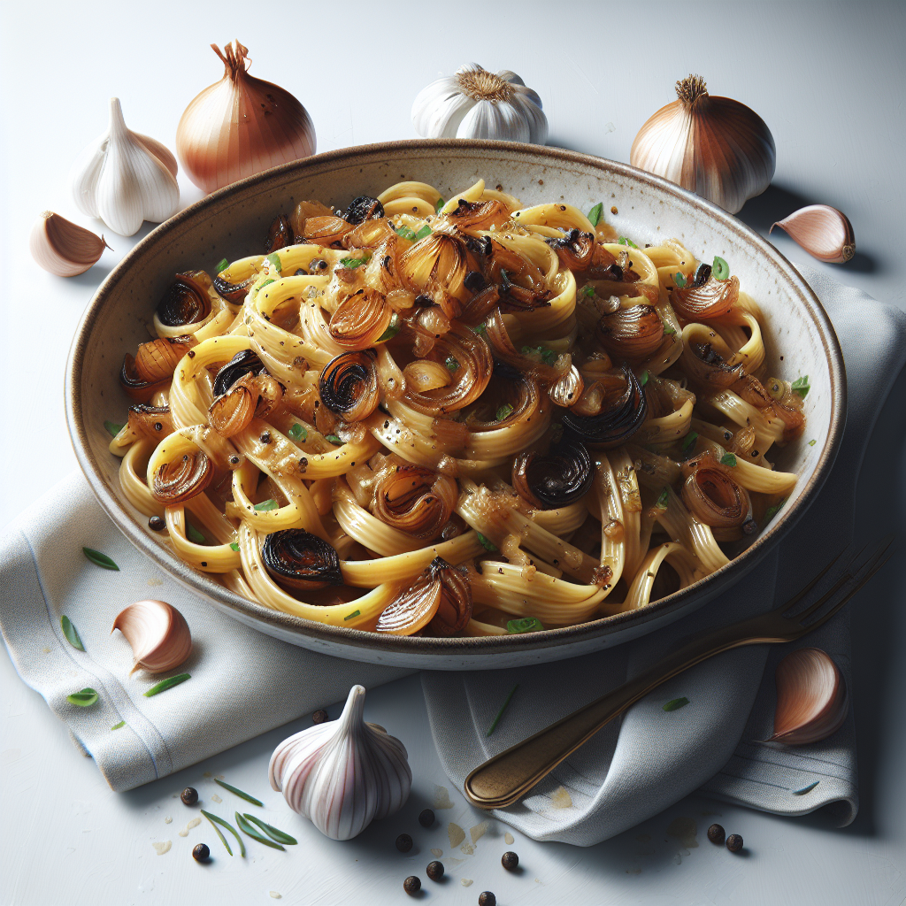 Caramelized Onion and Roasted Garlic Pasta is a rich and flavorful vegetarian dish that showcases the sweetness of onions and the deep, aromatic character of roasted garlic. To create this dish, onions are slowly caramelized until they attain a deep golden-brown color, which brings out their natural sugars.