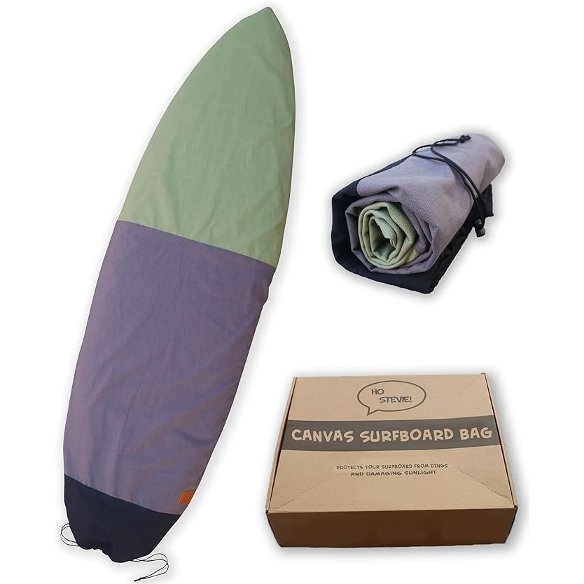 The Ho Stevie! Canvas Surfboard Bag Cover is a durable and protective cover designed to keep your surfboard safe while traveling to and from the beach. The bag is made from high-quality canvas material that is both durable and water-resistant, providing excellent protection against sun damage, dings, scratches, and other wear and tear.