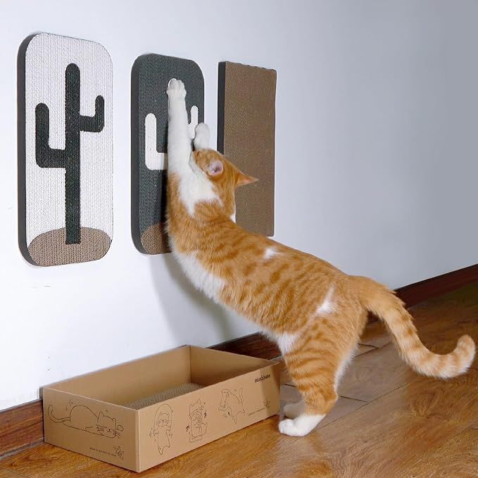 The 4 Pcs Cat Scratcher Wall Mounted Scratch Pad +Cat Scratcher Box Door Cat Nail File Scratcher is a set of modern and cute cardboard vertical cat scratching posts. The set includes a wall-mounted scratch pad, a cat scratcher box door, and a cat nail file scratcher.