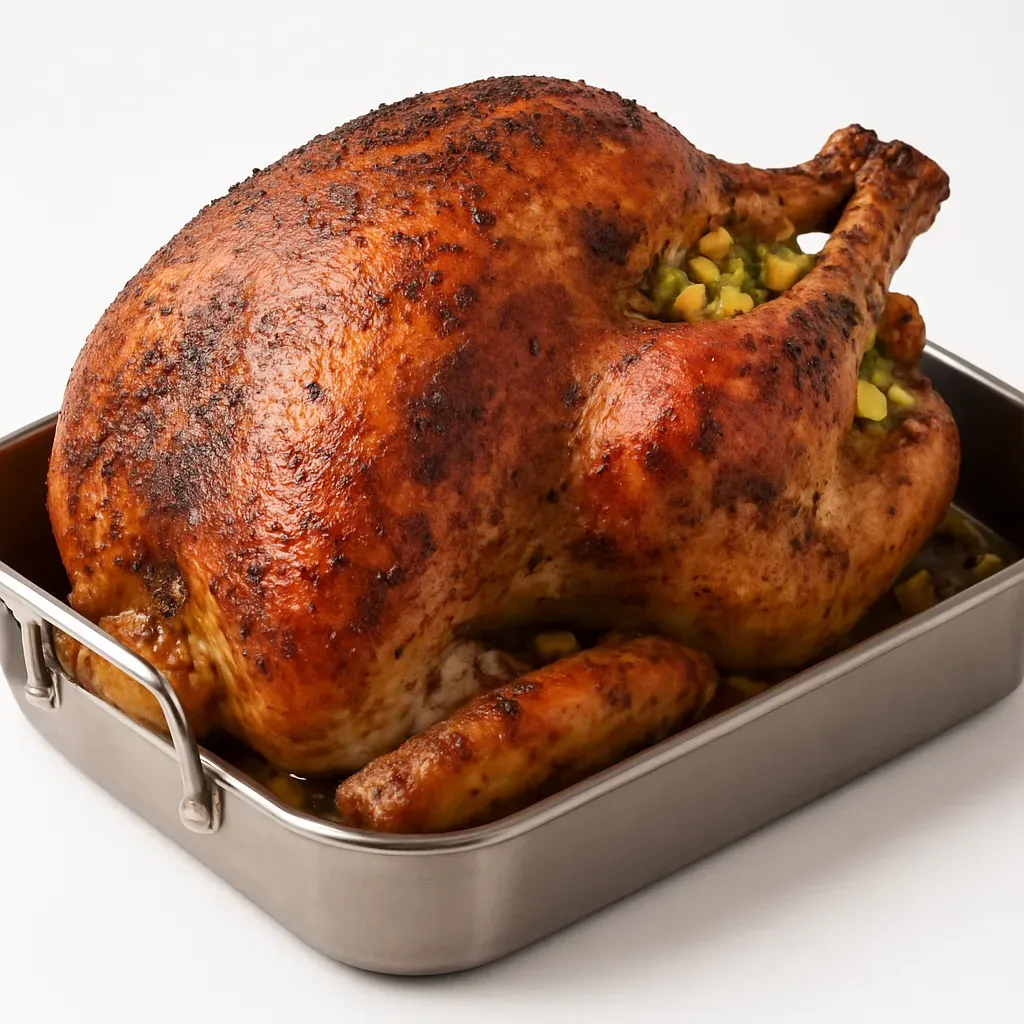 A classic Thanksgiving recipe featuring a beautifully roasted turkey with crispy skin, juicy meat, and infused flavors from aromatic vegetables and citrus.