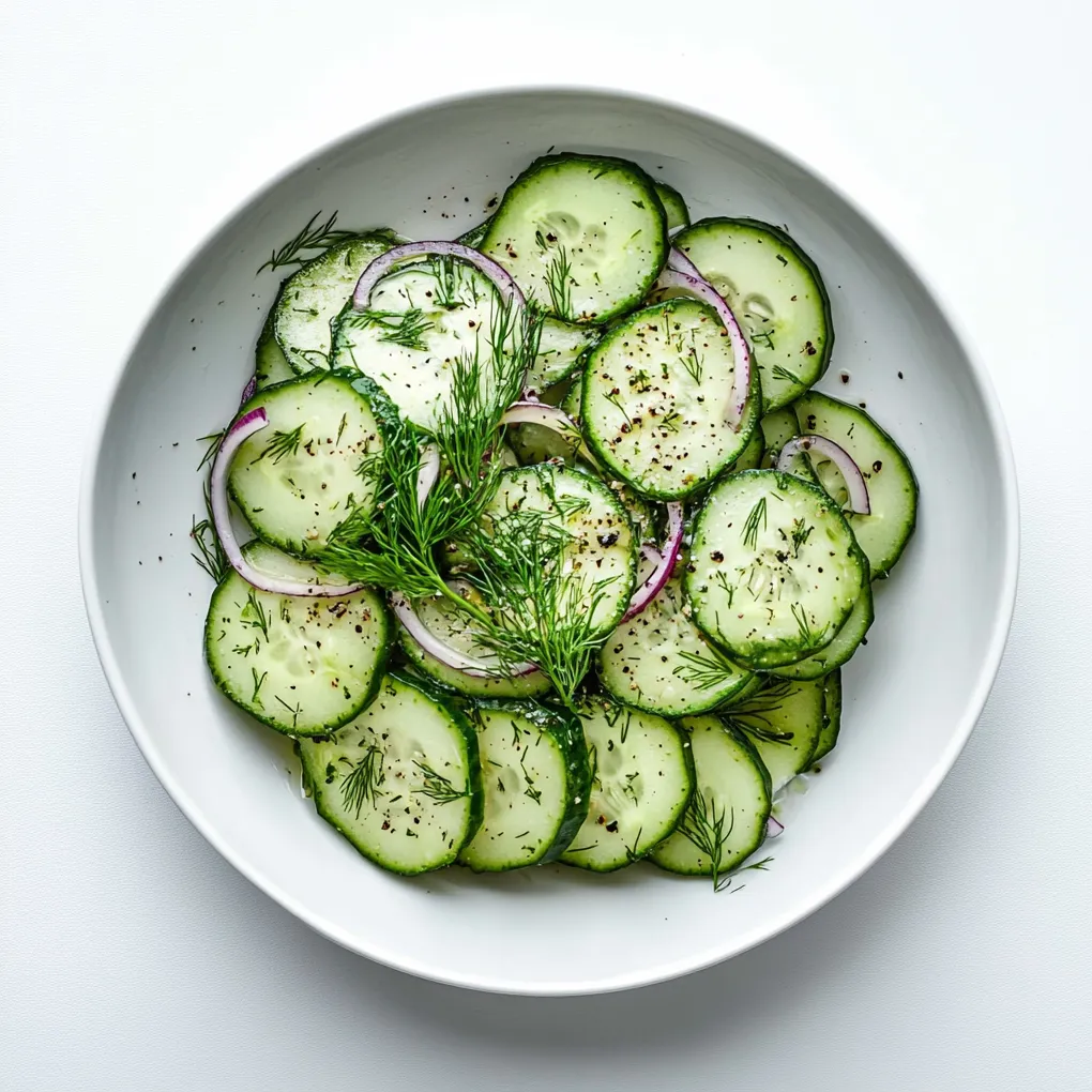 Gurkensalat is a traditional German cucumber salad known for its crisp texture and refreshing taste. It is typically made by thinly slicing cucumbers and tossing them with a light dressing of vinegar, oil, and fresh herbs, especially dill. Seasoned with salt, pepper, and often sweetened with a bit of sugar, this side dish is a perfect accompaniment to heavier meals and is ideal for summer barbecues or as a palate-cleansing course. The salad is quick and easy to prepare, making it perfect for busy weeknights or last-minute gatherings. Gurkensalat's vibrant flavors and cool crunch offer a healthy and delightful addition to any meal.