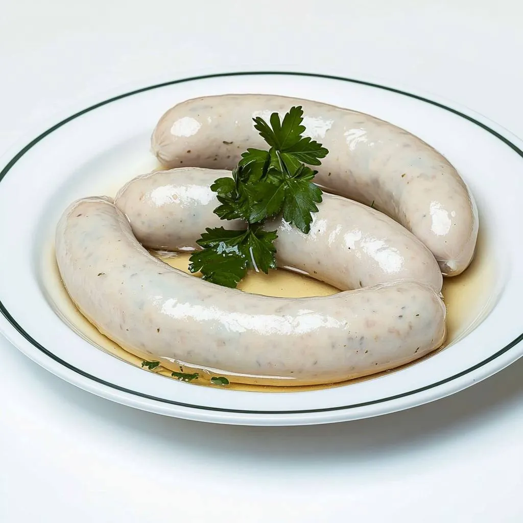 Weißwurst is a traditional Bavarian sausage made from minced veal and back bacon, usually seasoned with parsley, lemon, mace, onions, ginger, and cardamom. The sausages are distinctive for their pale white color and are typically served in a bowl of warm water, accompanied by sweet mustard and freshly baked pretzels. This dish is traditionally consumed before noon with a wheat beer and is a staple during the Oktoberfest. Weißwurst offers a mild flavor and a fine, somewhat crumbly texture. To enjoy authentically, remove the sausages from the water, peel off the skin before eating, and pair them with the essential accompaniments for a genuine Bavarian culinary experience.