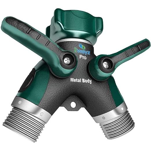 The 2WAYZ Hose Splitter is a heavy-duty garden hose splitter that allows you to connect two hoses to a single faucet. It features a sturdy all-metal construction with a shut-off valve for each outlet, giving you full control over the flow of water. The splitter measures 4 inches by 4 inches by 1.5 inches, making it compact and easy to use.