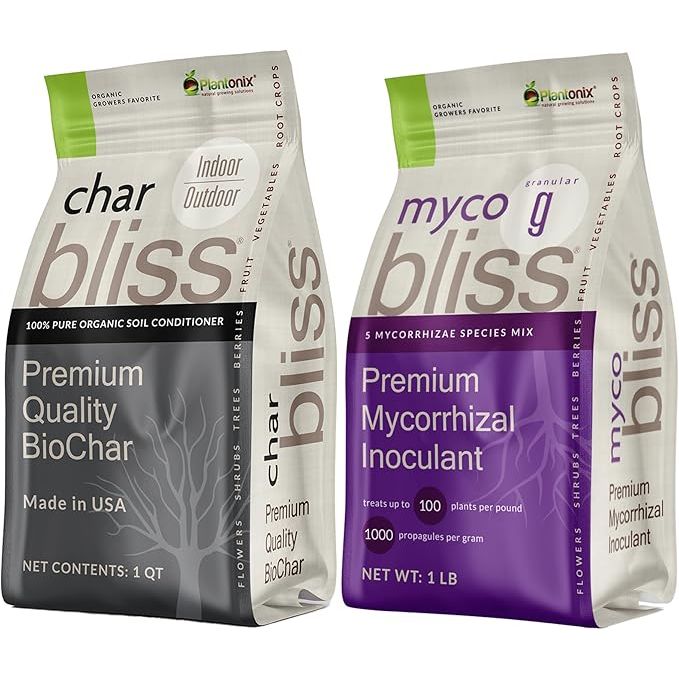 Myco Bliss Granular and Char Bliss is a combination of mycorrhizal inoculant and organic biochar designed to improve plant growth, health, and vitality. The mycorrhizal inoculant includes five high-performing strains of beneficial fungi that form a symbiotic relationship with plant roots, enhancing nutrient uptake and overall plant resilience.
