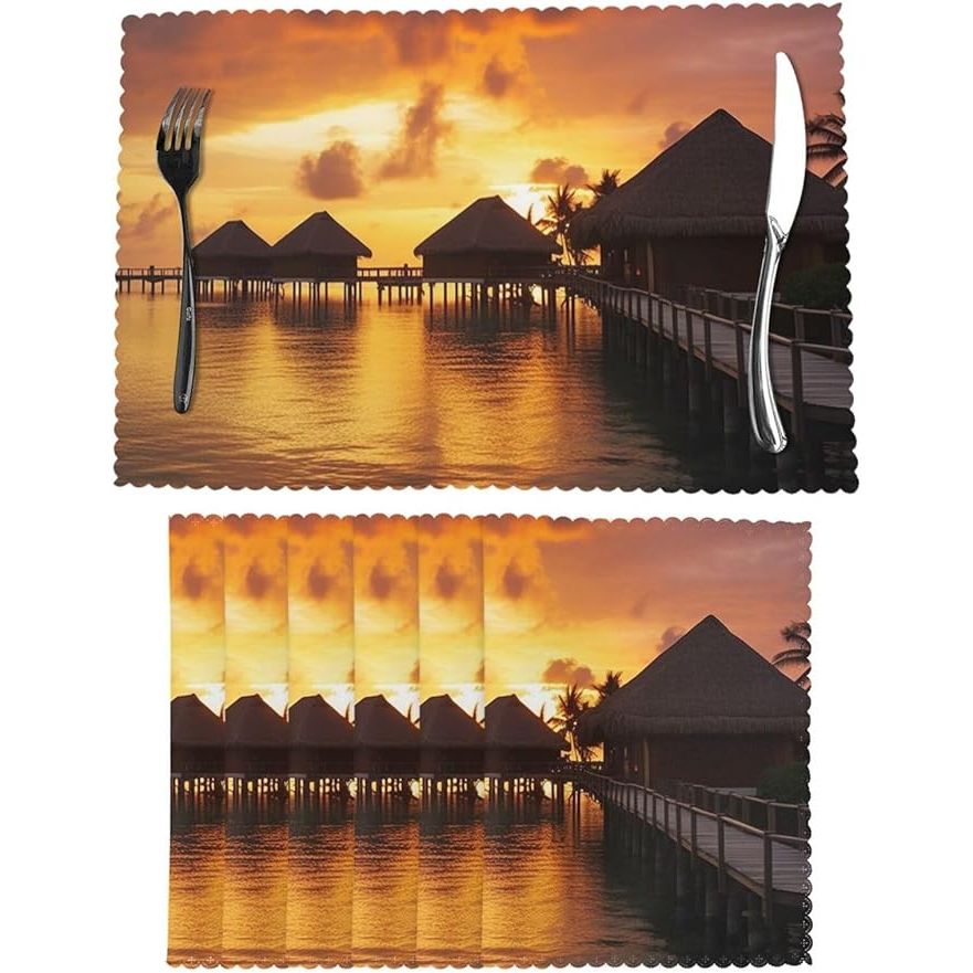 Enhance and protect your dining experience with our Tahiti Resort Sunset Peel Print Placemats. These stylish additions not only serve as a safeguard for your table from unsightly scratches and spills, but they also infuse a vibrant touch of elegance into any setting.