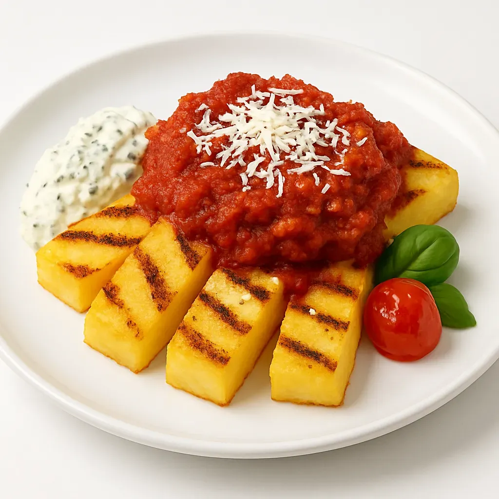 Dive into Mediterranean flavors with crispy grilled polenta, homemade roasted tomato sauce, complemented by a herbed white cheese cream.