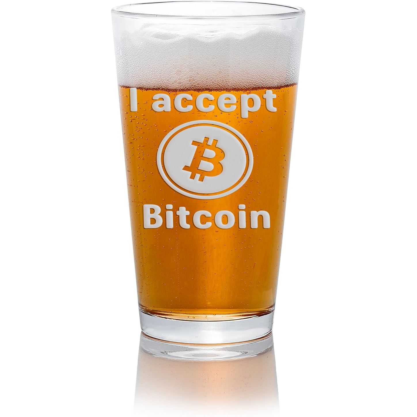 The Accept Bitcoin Pint Beer Glass is a classic and stylish glassware piece that is perfect for any cryptocurrency enthusiast. This beer glass features the iconic Bitcoin logo, making it a great gift for those who are interested in digital currency and blockchain technology.