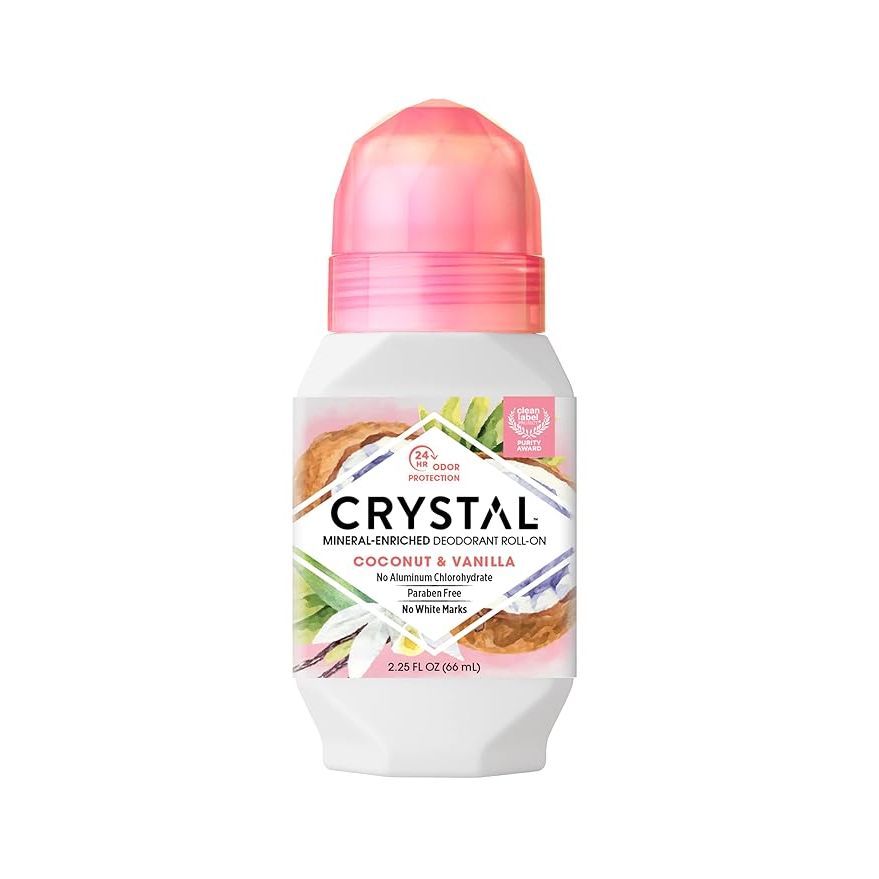 CRYSTAL Mineral Deodorant Coconut Vanilla Roll-On Body Deodorant is a natural alternative to traditional deodorants, offering 24-hour odor protection without the use of harsh chemicals or parabens. It is made with mineral salts that form a protective barrier on the skin to prevent odor-causing bacteria from developing.