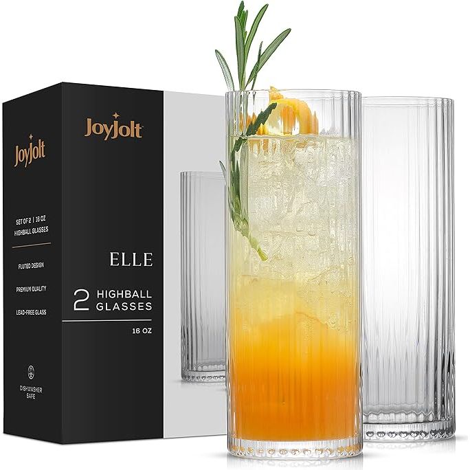 The JoyJolt 16oz Fluted Highball Glasses are a set of two tall cocktail tumblers designed for various drinks such as gin, juice, and water. These glasses are made from lead-free glass, making them safe for everyday use and durable enough for regular handling.