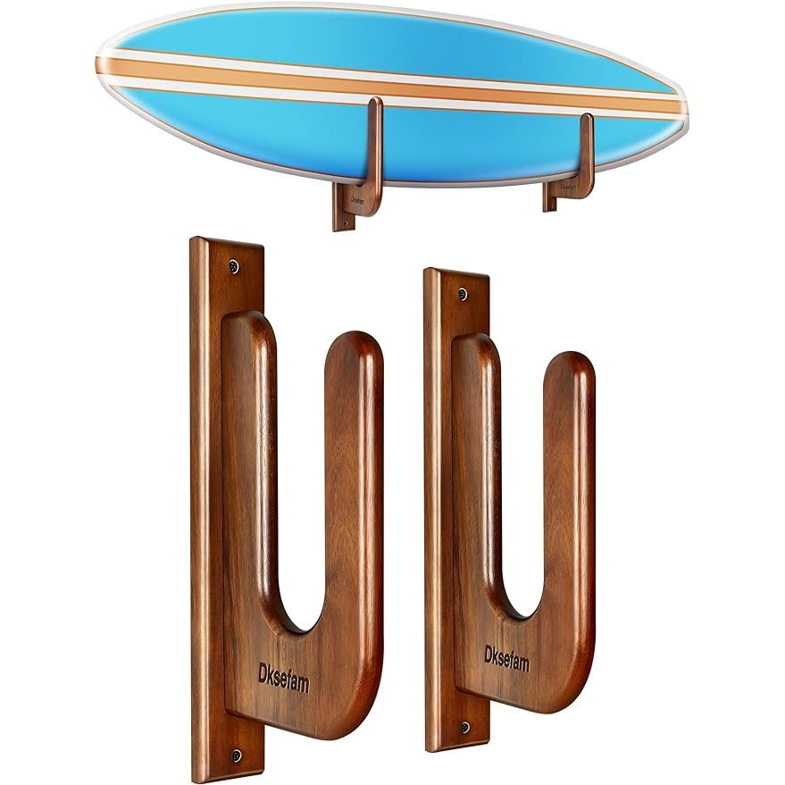 A surfboard wall mount is a convenient and efficient way to store and display your surfboard at home or in the garage. This particular model is a horizontal longboard surfboard wall rack made of hardwood, providing a sturdy and durable holder for your board.