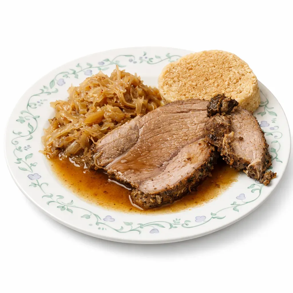 A beloved Czech classic combining tender roasted pork, fluffy bread dumplings, and savory braised sauerkraut, this dish is perfect for a cozy family meal and exemplifies comfort food at its finest.