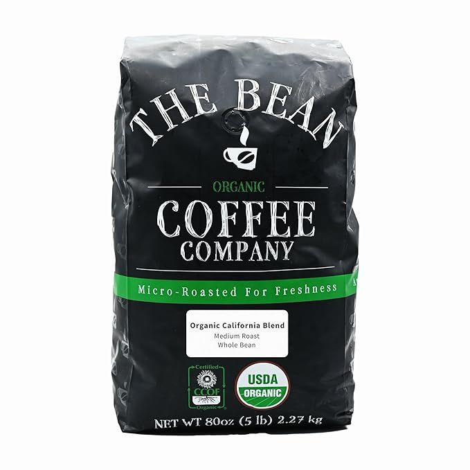 The Bean Organic Coffee Company California Blend is a medium roast whole bean coffee. Each 5-pound bag contains high-quality coffee beans sourced from organic farms. This blend is carefully roasted to a medium level, resulting in a balanced and smooth flavor profile with a medium body and medium acidity.