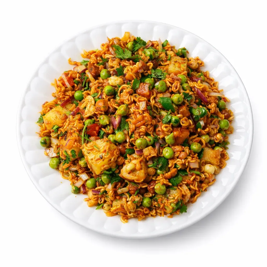 A delightful Nepali street food featuring crunchy instant noodles, tangy spices, and fresh vegetables, perfect as a snack or appetizer.