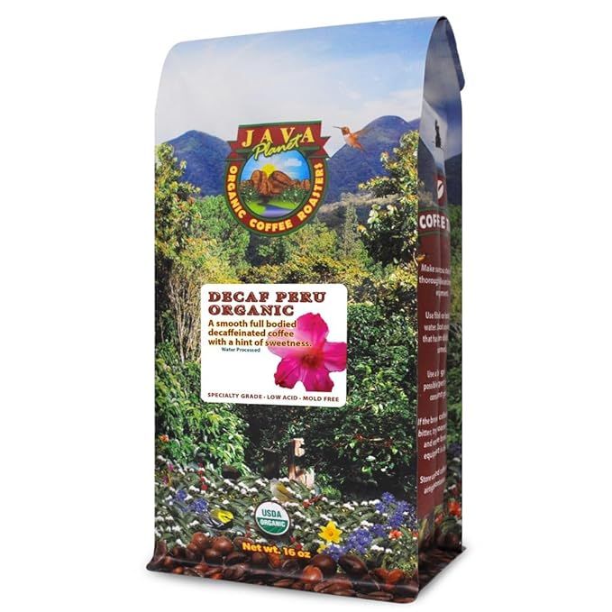 Java Planet Organic Water Process Decaf Peru coffee beans are sourced from the highlands of Peru, where they are grown in rich volcanic soil under shade trees.