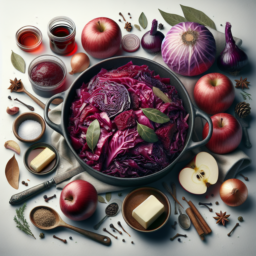 Rotkohl, also known as Braised Red Cabbage, is a classic German side dish that features sweet and sour flavors. This recipe is made with red cabbage shredded and slowly braised with apples, onions, vinegar, sweetener, and spices such as cloves, bay leaves, and juniper berries.