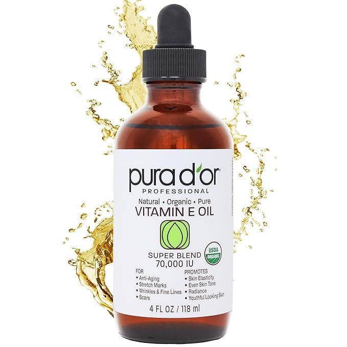 PURA D'OR Organic Vitamin E Oil Blend is a 100% natural mixture of sweet almond, apricot, jojoba, argan, rosehip, sunflower, and avocado oils, enriched with 70,000 IU of Vitamin E. This hexane-free bath oil is designed to nourish and rejuvenate the skin, helping to reduce the appearance of scars and improve overall skin health.