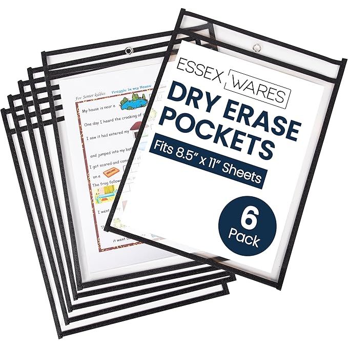 The 6 Pack of Black Dry Erase Pocket Document Protectors are designed to hold standard sized documents measuring 10 inches wide by 13.5 inches tall. The clear plastic sleeves allow for easy viewing and protection of important papers such as invoices, reports, or schedules.