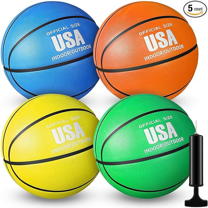 The 4 Pack Basketballs Official Size Rubber Basketballs are designed for players of all ages and skill levels, making them suitable for kids, women, and men. These rubber basketballs come in a set of four, making them ideal for indoor or outdoor use, whether you're playing a school basketball game or shooting hoops on the street.