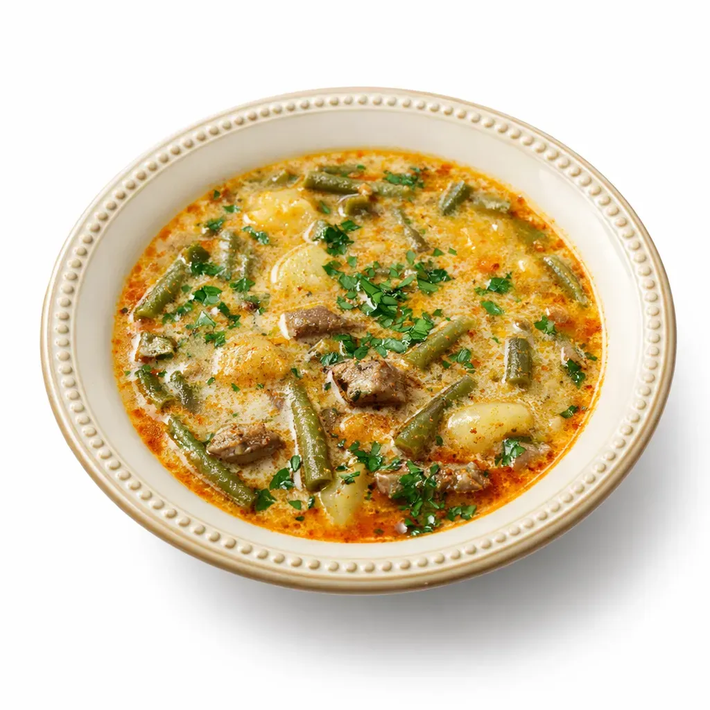 A hearty and creamy soup that embodies the essence of Hungarian cuisine, featuring tender beef, potatoes, and green beans all simmered to perfection.