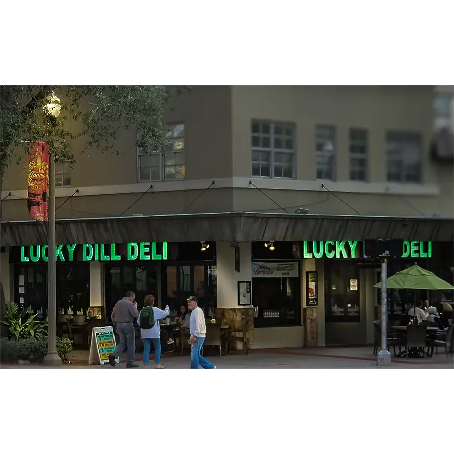 Lucky Dill emerges as a vibrant culinary hotspot in the bustling heart of downtown St. Petersburg, drawing patrons in with its enticing menu offerings and dynamic atmosphere. With a prime corner location, the restaurant is an ideal stage for the casual observer and people-watcher, while large windows wrapping around the interior flood the space with natural light, creating an inviting and open dining experience.

The restaurant presents a visually stunning array, particularly with its signature sandwich, "The Skyscraper," a towering creation that layers pastrami and corned beef to satiate hearty appetites. The commitment to quality is evident in the crispness of the pickles and freshness of the fruit bowls that accompany these imposing entrées.

A testament to its generous spirit, Lucky Dill's substantial portion sizes are a delightful surprise, often providing enough for two to share or for the enjoyment of a second meal at home. The savvy diner will find both salad and sandwich options robust and gratifying, all crafted from ingredients that highlight flavor and freshness.

Not just a daytime destination, Lucky Dill boasts an all-encompassing menu that caters to early risers and night owls alike. Breakfast enthusiasts revel in the availability of their morning favorites served around the clock, while others find joy in the free-flowing champagne that accompanies Sunday brunches.

For those seeking a light but satisfying meal, the matzo ball soup comes highly recommended, with a warmth and simplicity that soothe the soul. Weekend brunches here are an event of their own, with standout dishes like the perfectly prepared eggs Benedict drawing regulars and newcomers to this culinary haven.

Lucky Dill not only captures the essence of a classic deli with its deli/bakery outpost, fresh produce, and towering sandwiches, but it also infuses the experience with contemporary elegance and a welcoming, accessible vibe that is suitable for casual business lunches or leisurely weekend gatherings.

Whether it's a first visit or a return to a tried and true staple, guests leave Lucky Dill with the anticipation of their next return, often recommending this gastronomic gem to others for its robust flavors, generous servings, and the overall delightful dining experience. Description by ChatGPT.